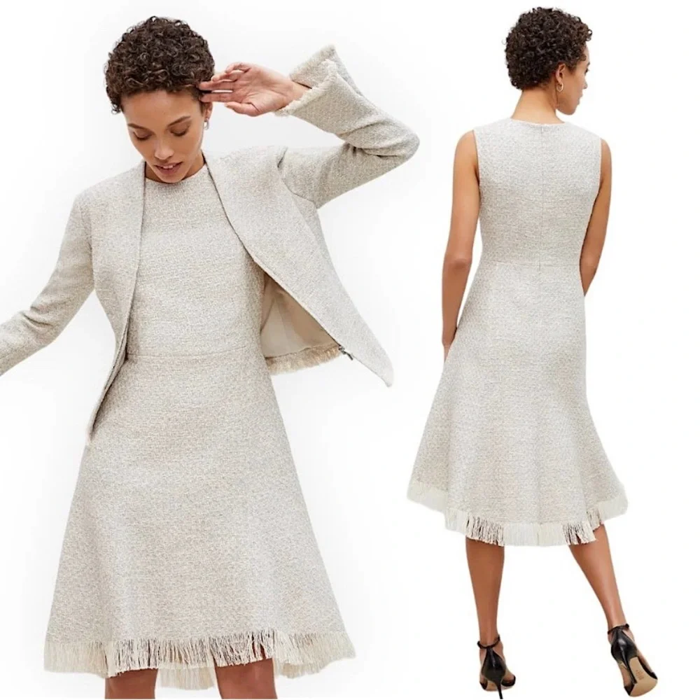 MM LAFLEUR LINDSAY COTTON TWEED SWING DRESS ELEGANT ROMANTIC CAREER Gray Ivory 6 - Picture 10 of 10